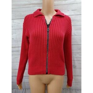 Vintage Von Saken Sweater Cardigan S Red Crystal Zipper Ribbed Bling USA Glam